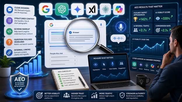 AEO strategy dashboard with AI visibility analytics and answer engine optimization insights